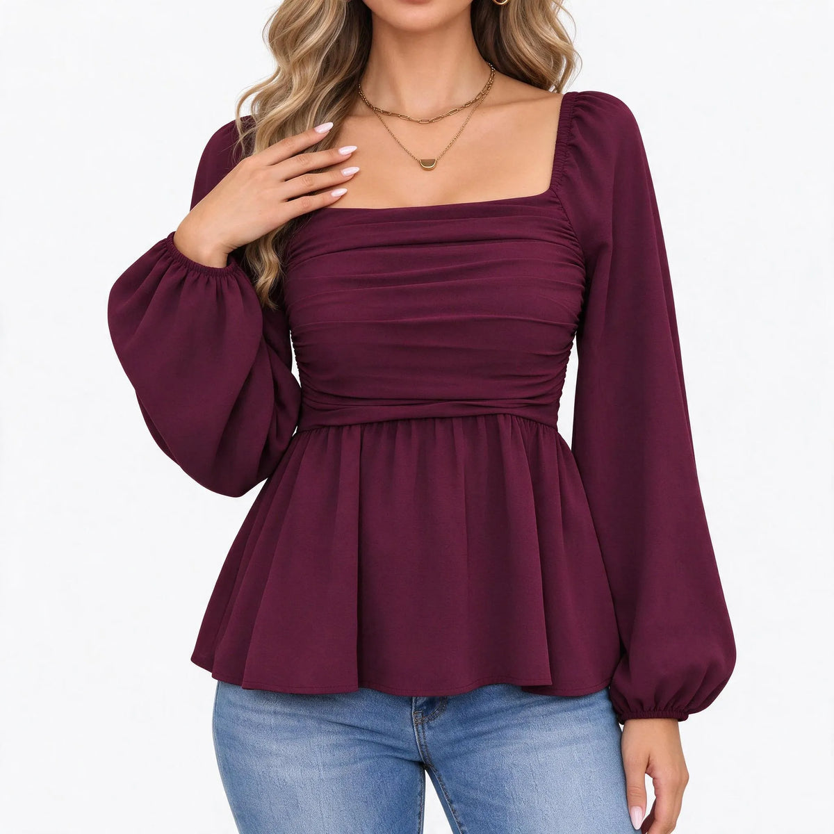 Lyrothe - Square Neck Bishop Sleeve Peplum Blouse