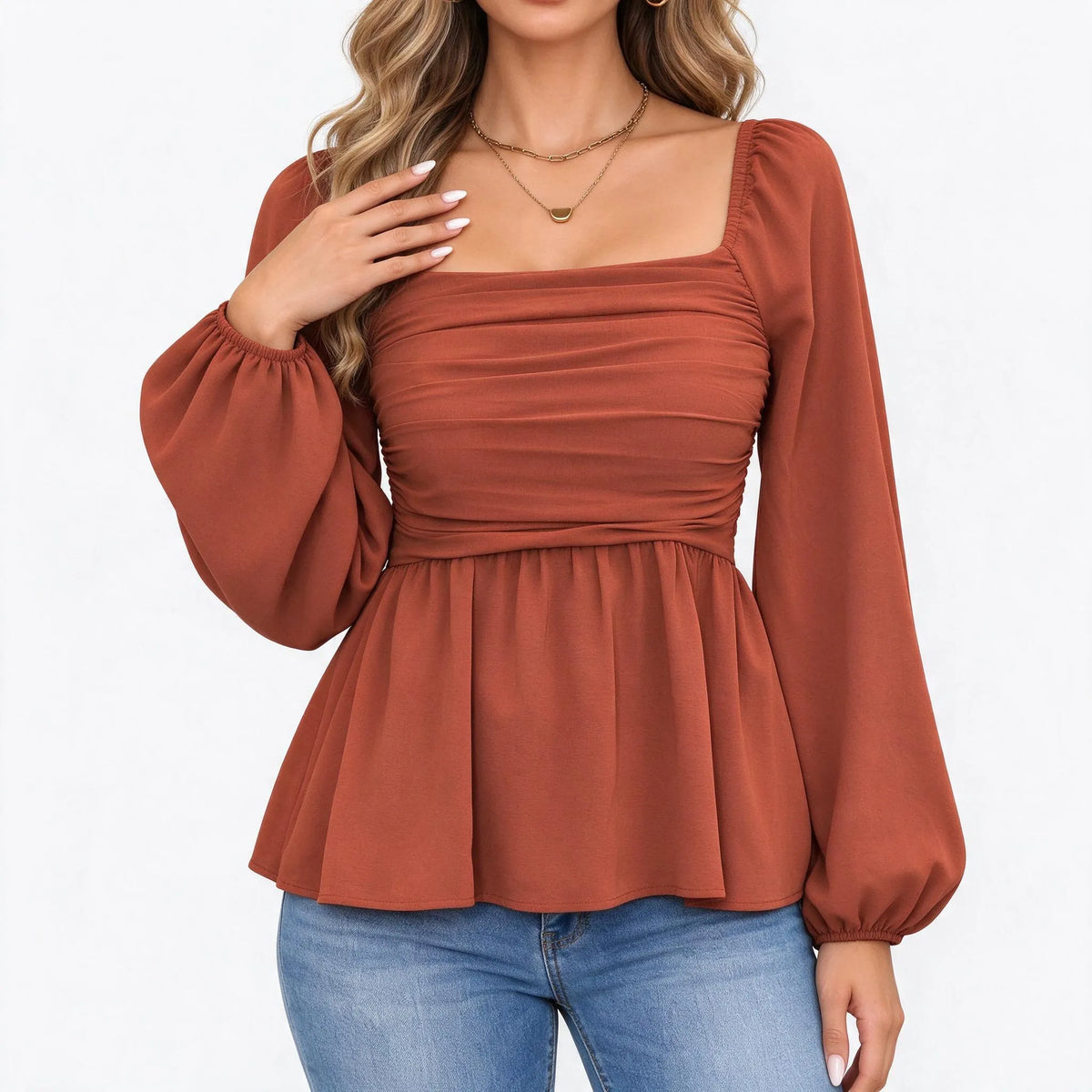 Lyrothe - Square Neck Bishop Sleeve Peplum Blouse