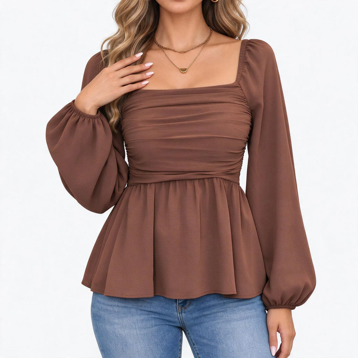 Lyrothe - Square Neck Bishop Sleeve Peplum Blouse