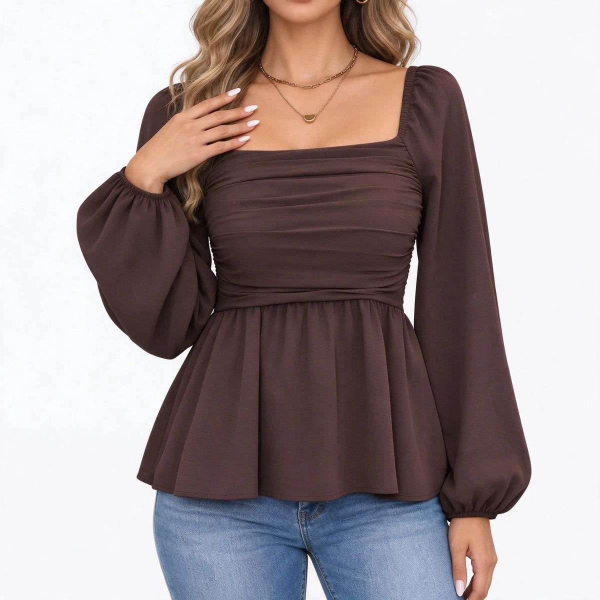 Lyrothe - Square Neck Bishop Sleeve Peplum Blouse