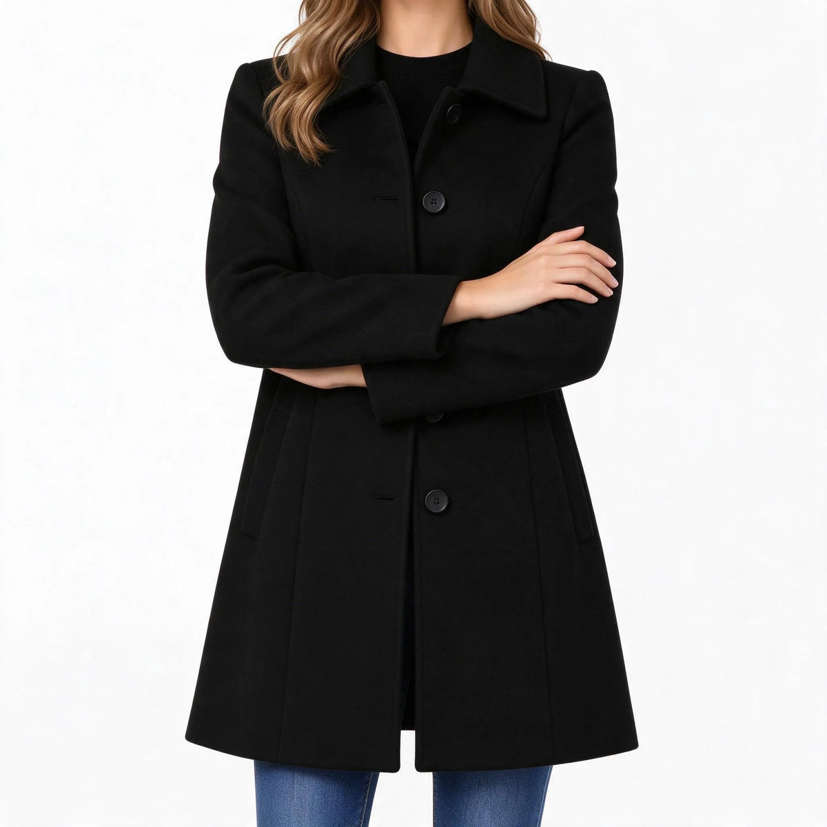 Marenth - A-Line Midi Coat With Broad Collar
