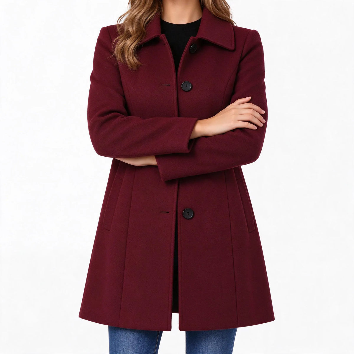 Marenth - A-Line Midi Coat With Broad Collar