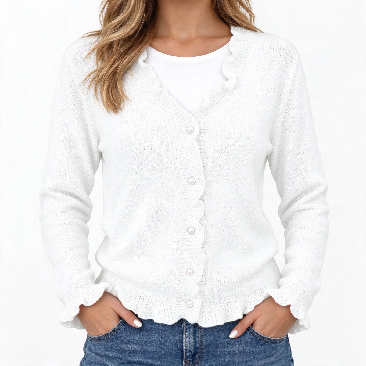 Marivale - Frill Trim Buttoned Knit Cardigan
