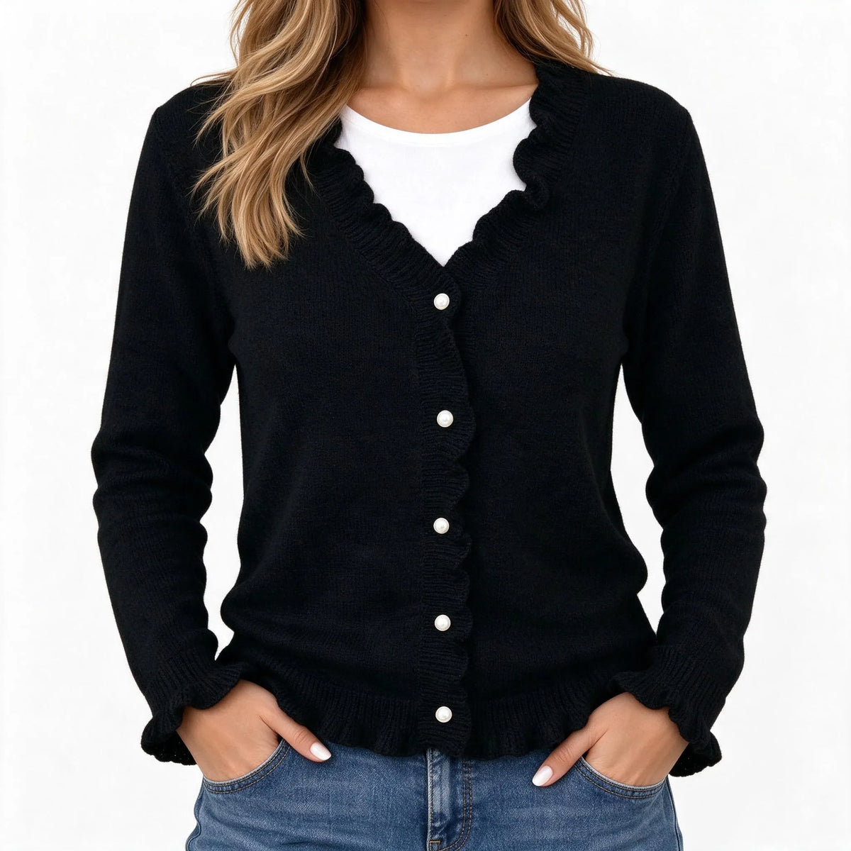 Marivale - Frill Trim Buttoned Knit Cardigan
