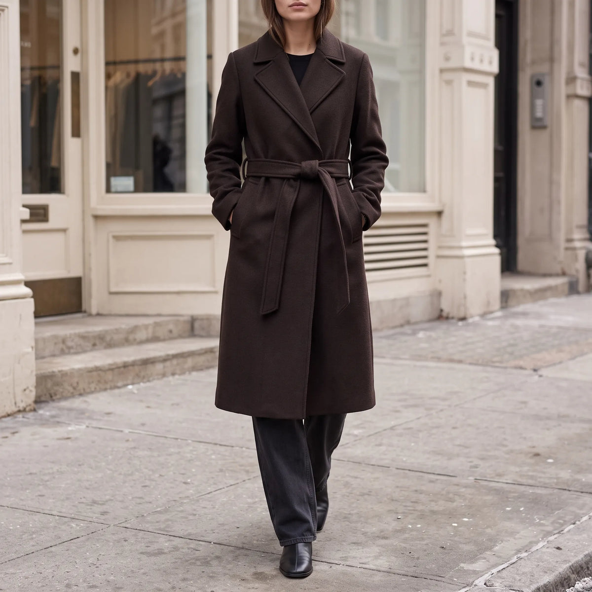 Mirneth - Tailored Collared Calf Length Wrap Coat