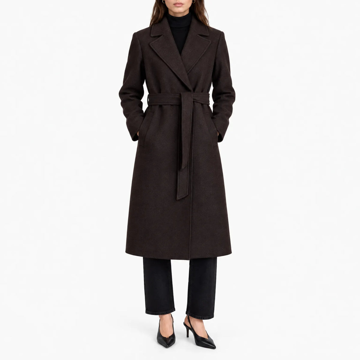 Mirneth - Tailored Collared Calf Length Wrap Coat