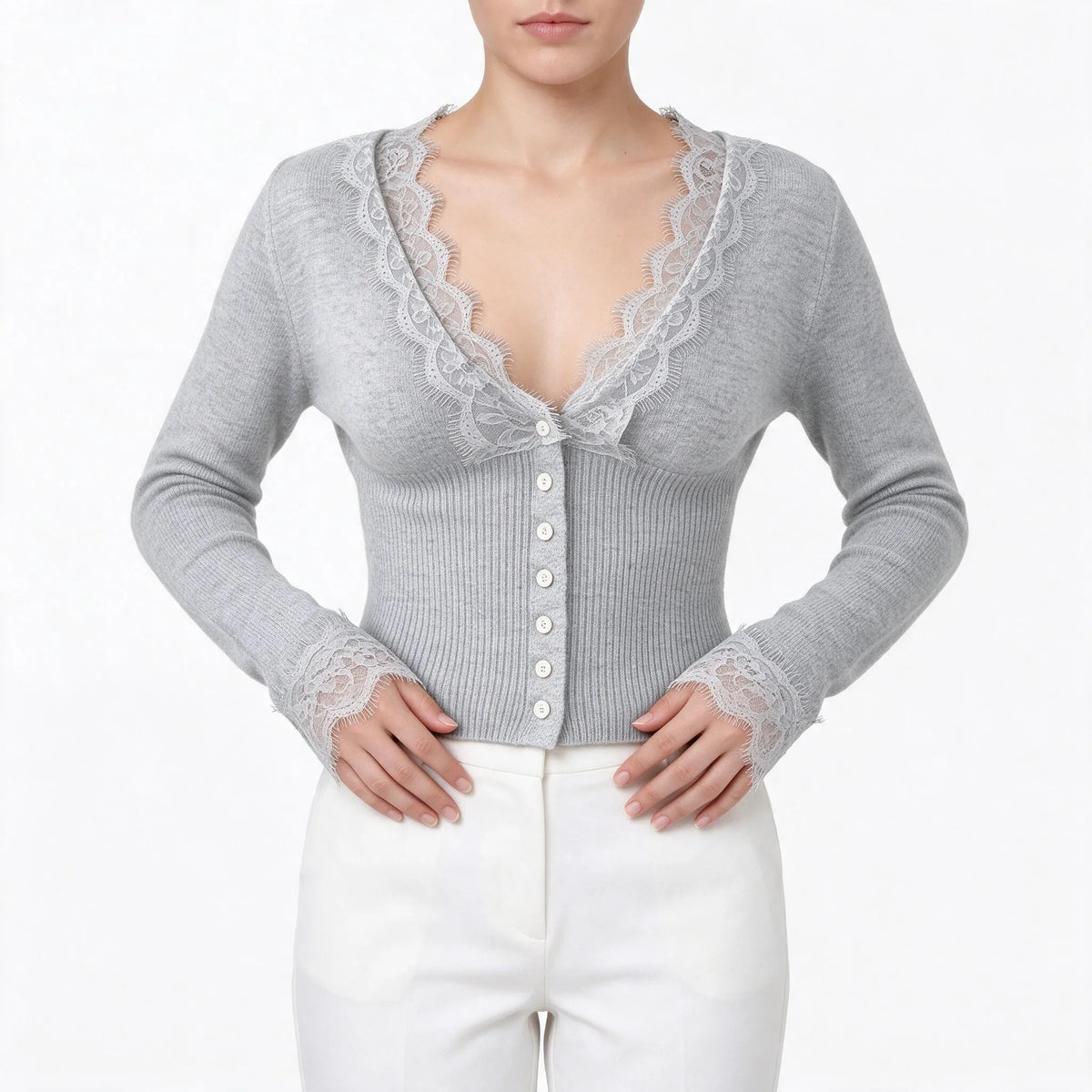 Montena - Cropped Knit Lace Trim Cardigan