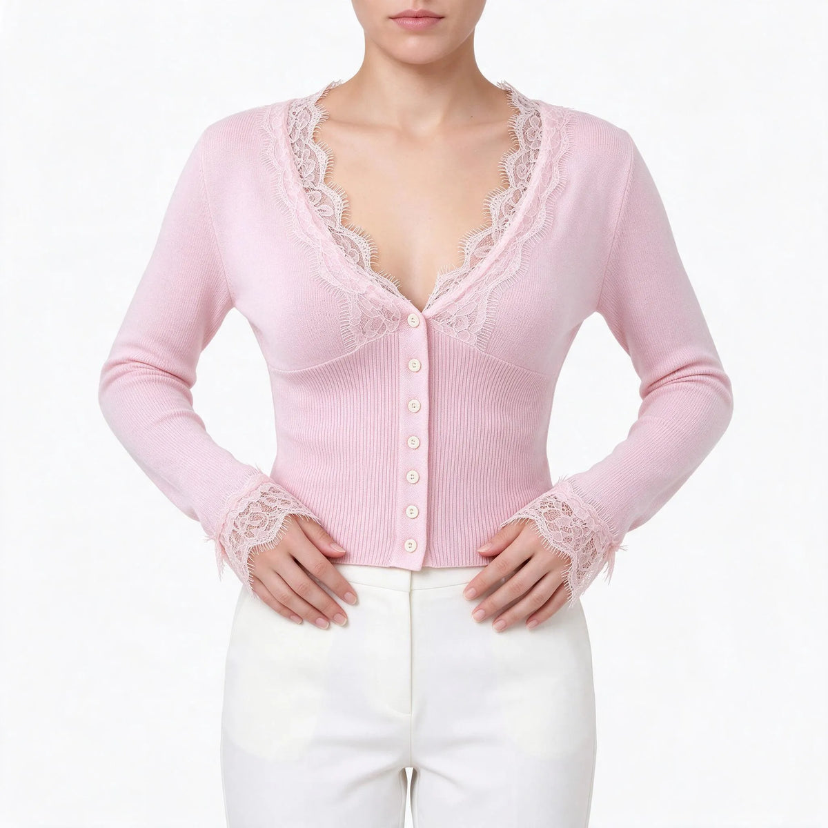 Montena - Cropped Knit Lace Trim Cardigan