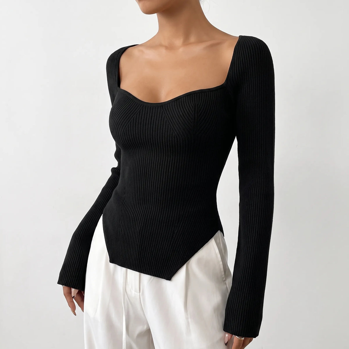 Novique - Square Neck Ribbed Long Sleeve Top