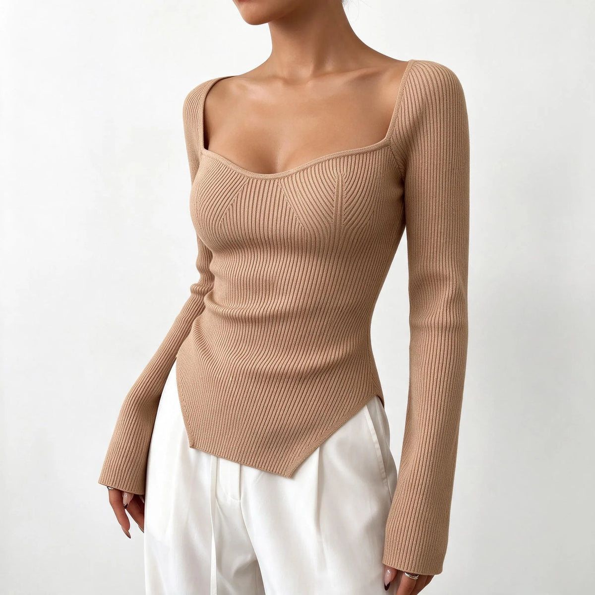 Novique - Square Neck Ribbed Long Sleeve Top