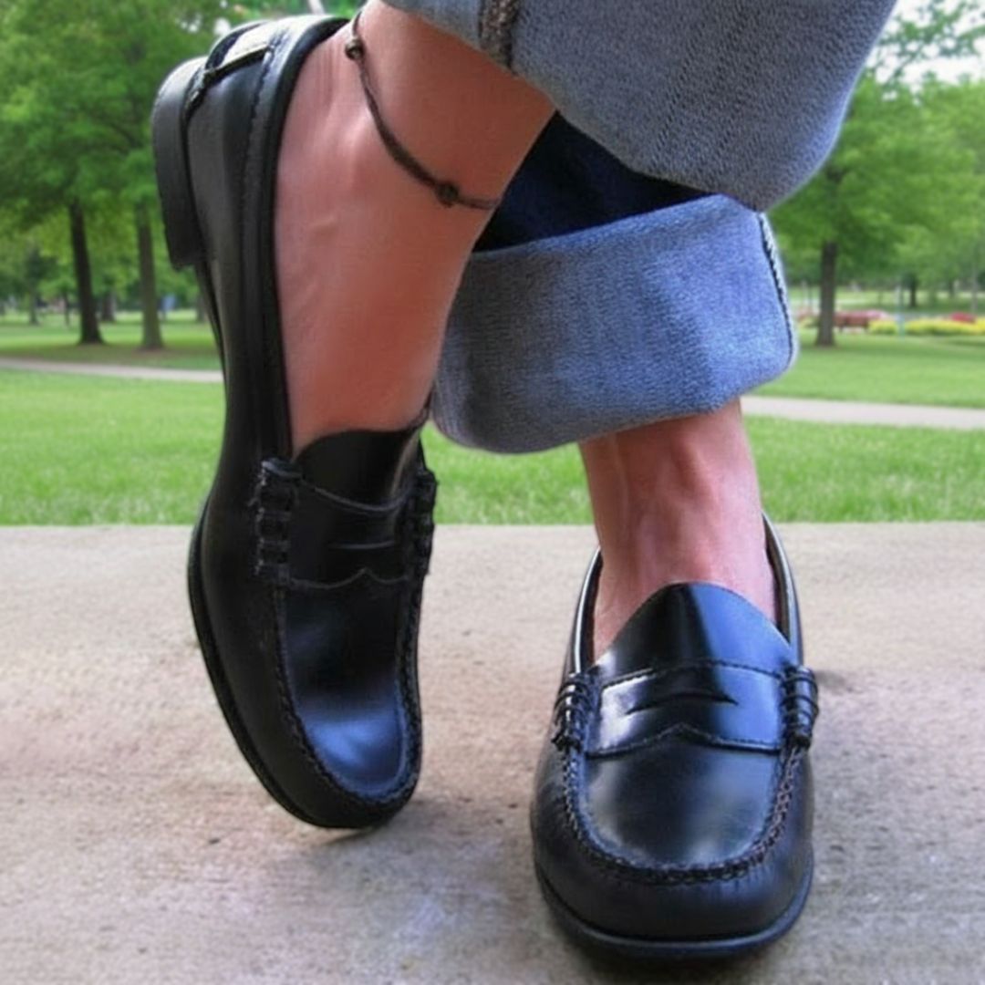 Women's moc toe loafers with rounded toes, contrast stitching and low heels