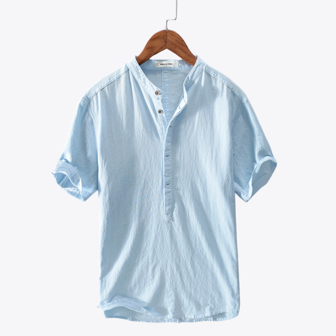 Men's short sleeve stand collar shirt with button placket and curved hem