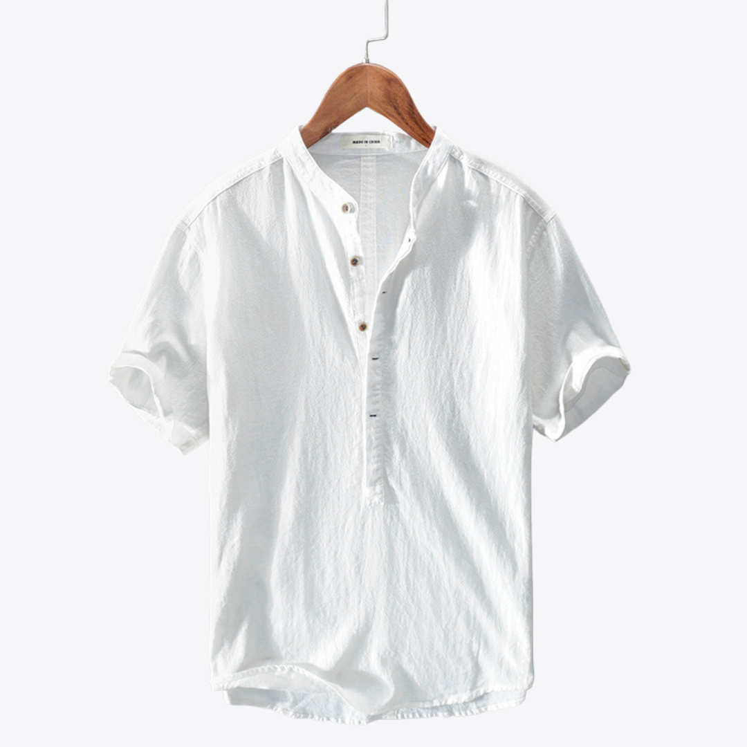 Men's short sleeve stand collar shirt with button placket and curved hem