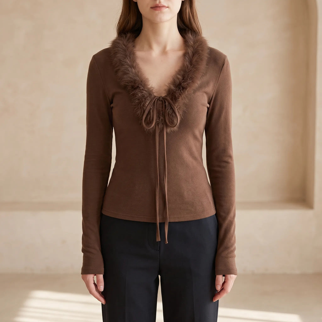 Velvoura - Fitted Fuzzy Trim Long Sleeve Top