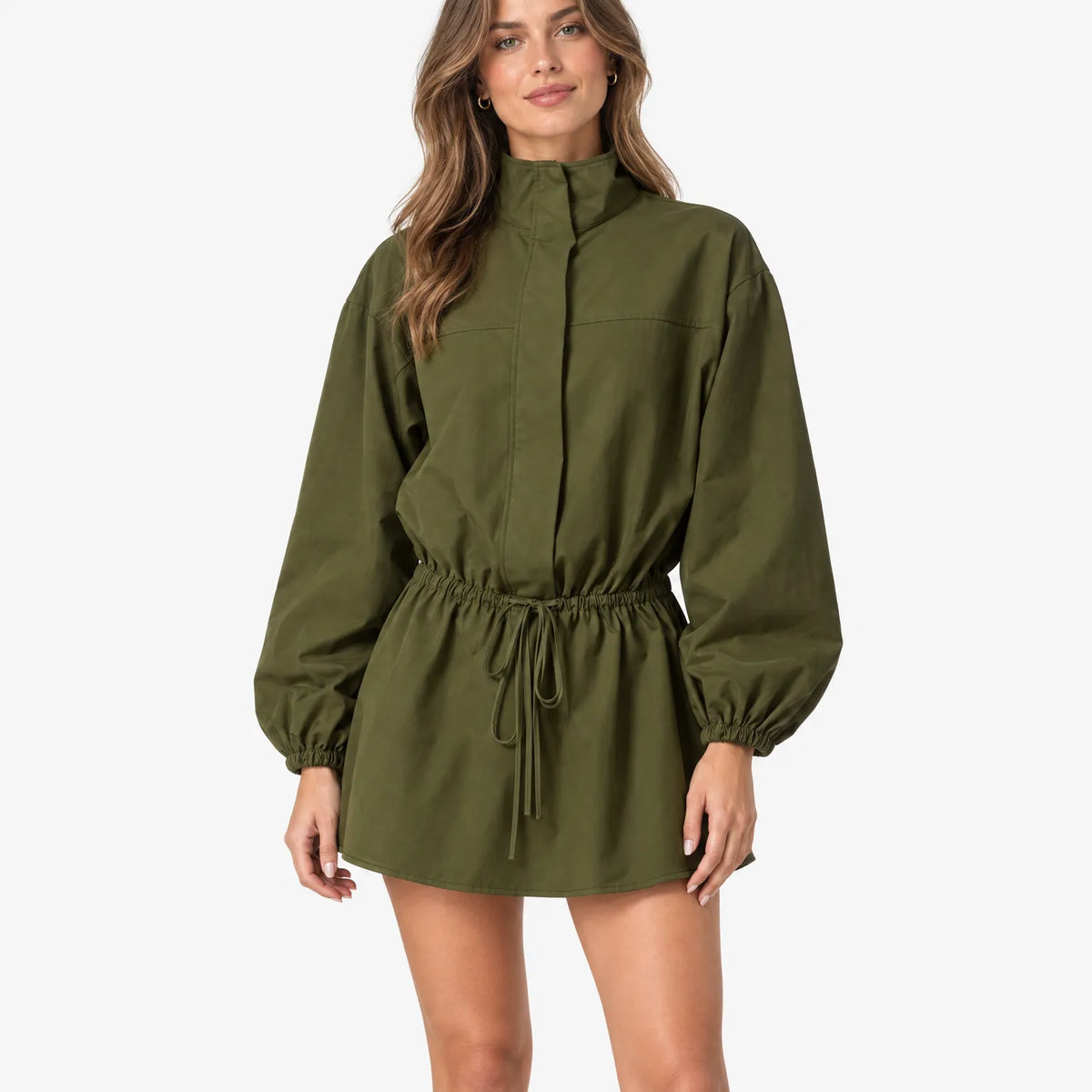 Vespera - Drawstring Waist High Neck Mini Dress
