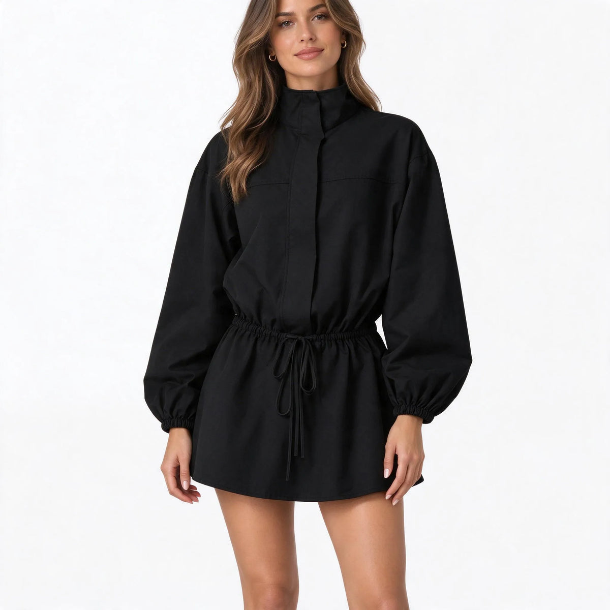Vespera - Drawstring Waist High Neck Mini Dress