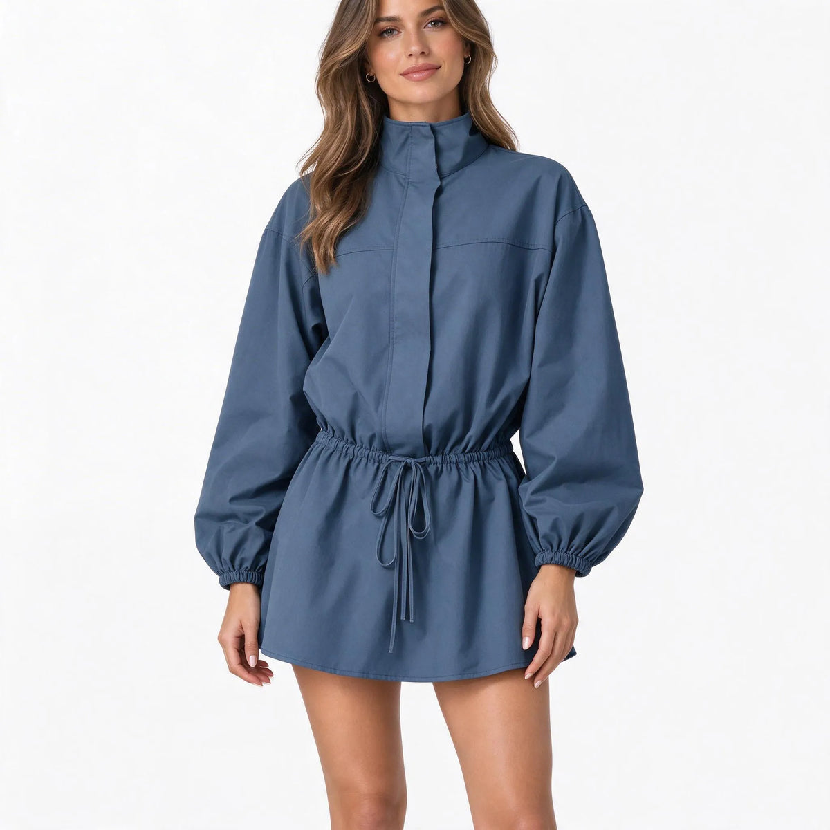 Vespera - Drawstring Waist High Neck Mini Dress