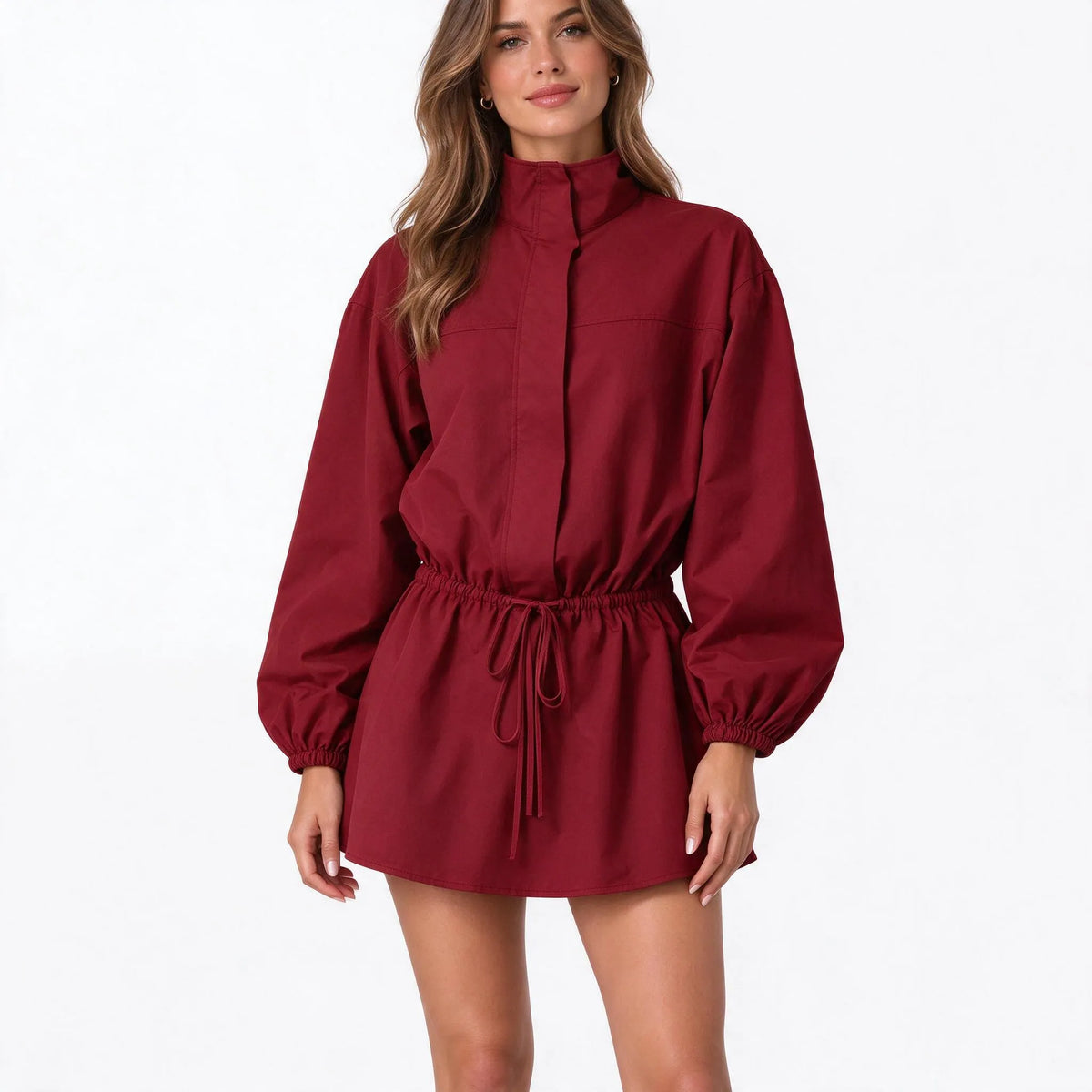 Vespera - Drawstring Waist High Neck Mini Dress