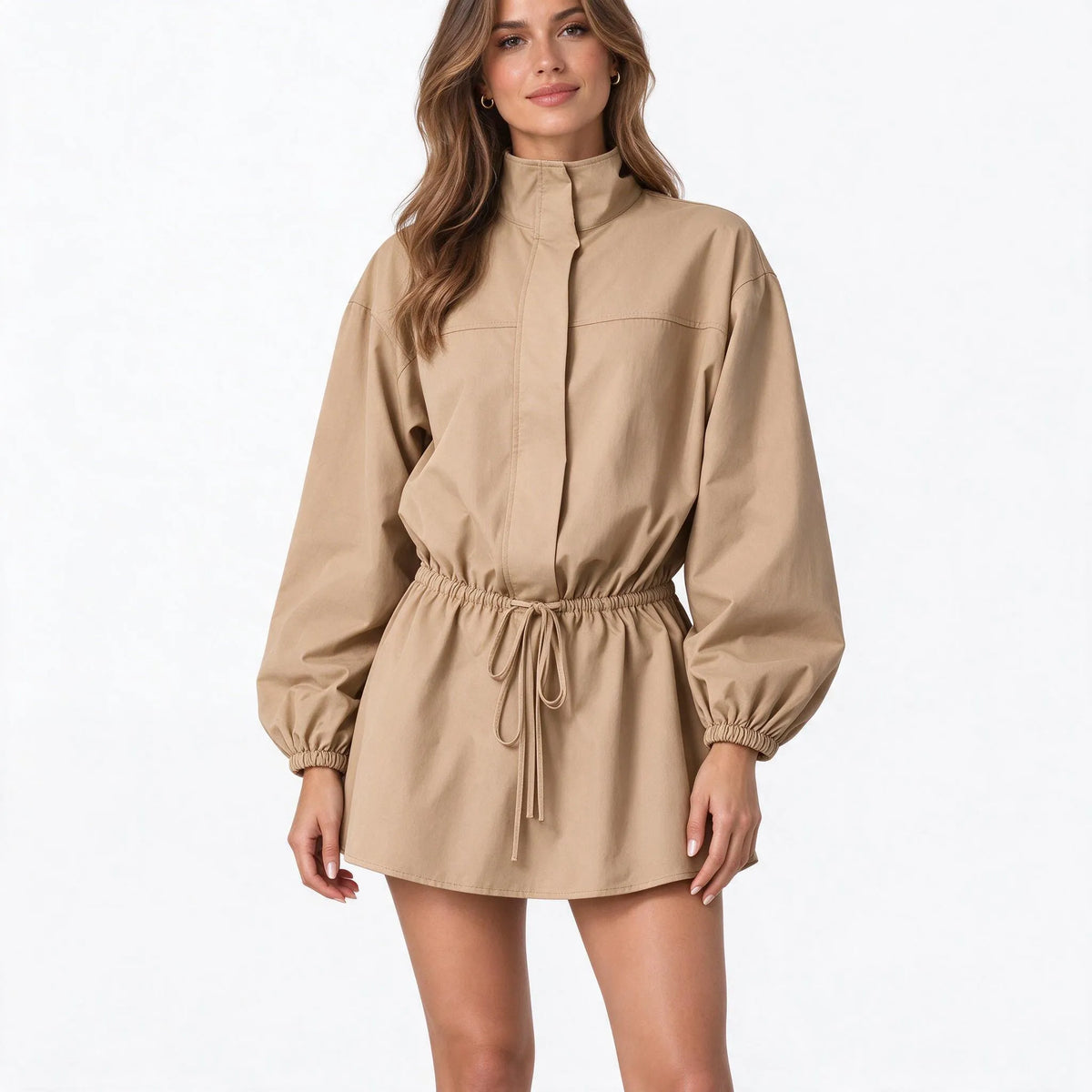 Vespera - Drawstring Waist High Neck Mini Dress