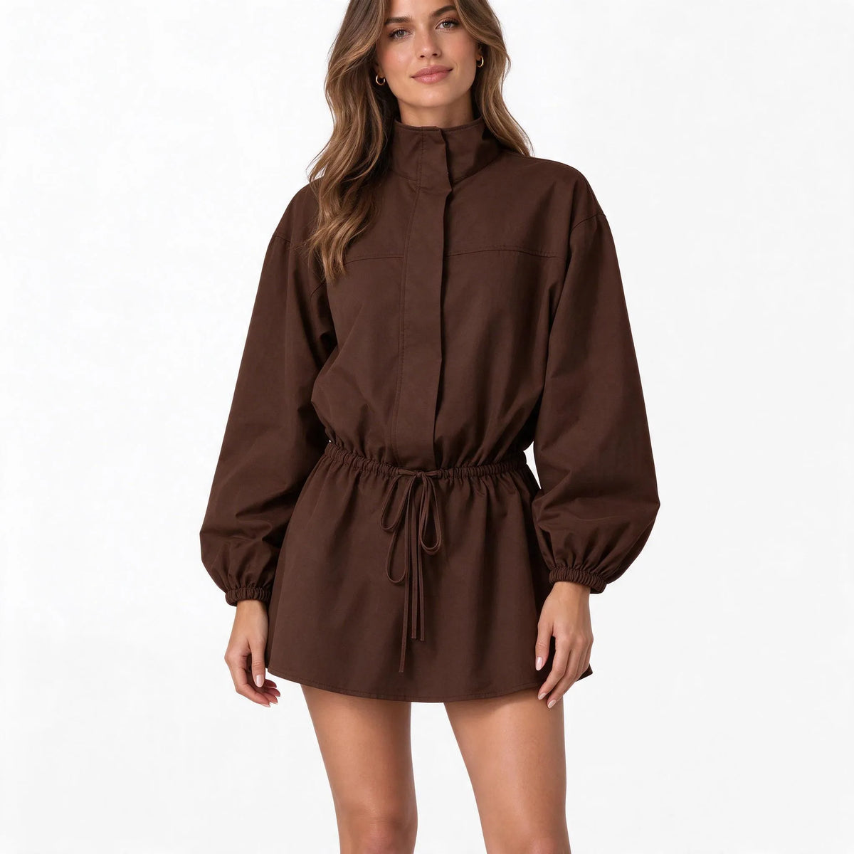 Vespera - Drawstring Waist High Neck Mini Dress
