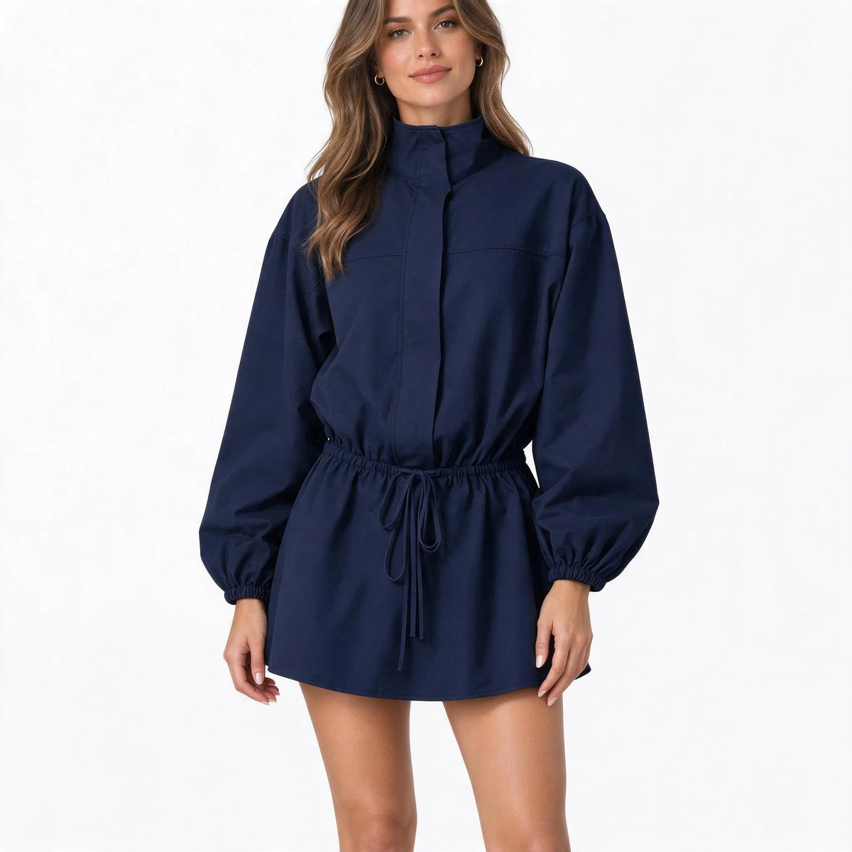 Vespera - Drawstring Waist High Neck Mini Dress