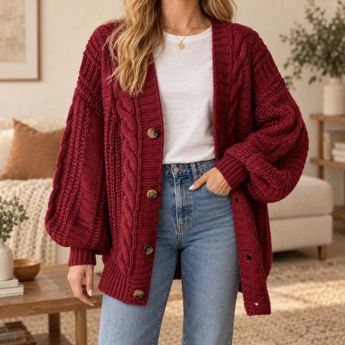 Vondara - Oversized Chunky Cable Knit Cardigan