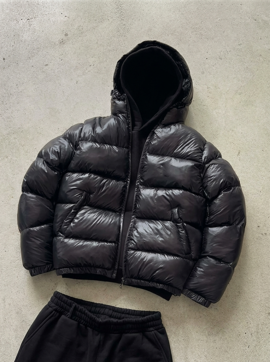 Men's hooded quilted puffer jacket with zip front and slanted pockets