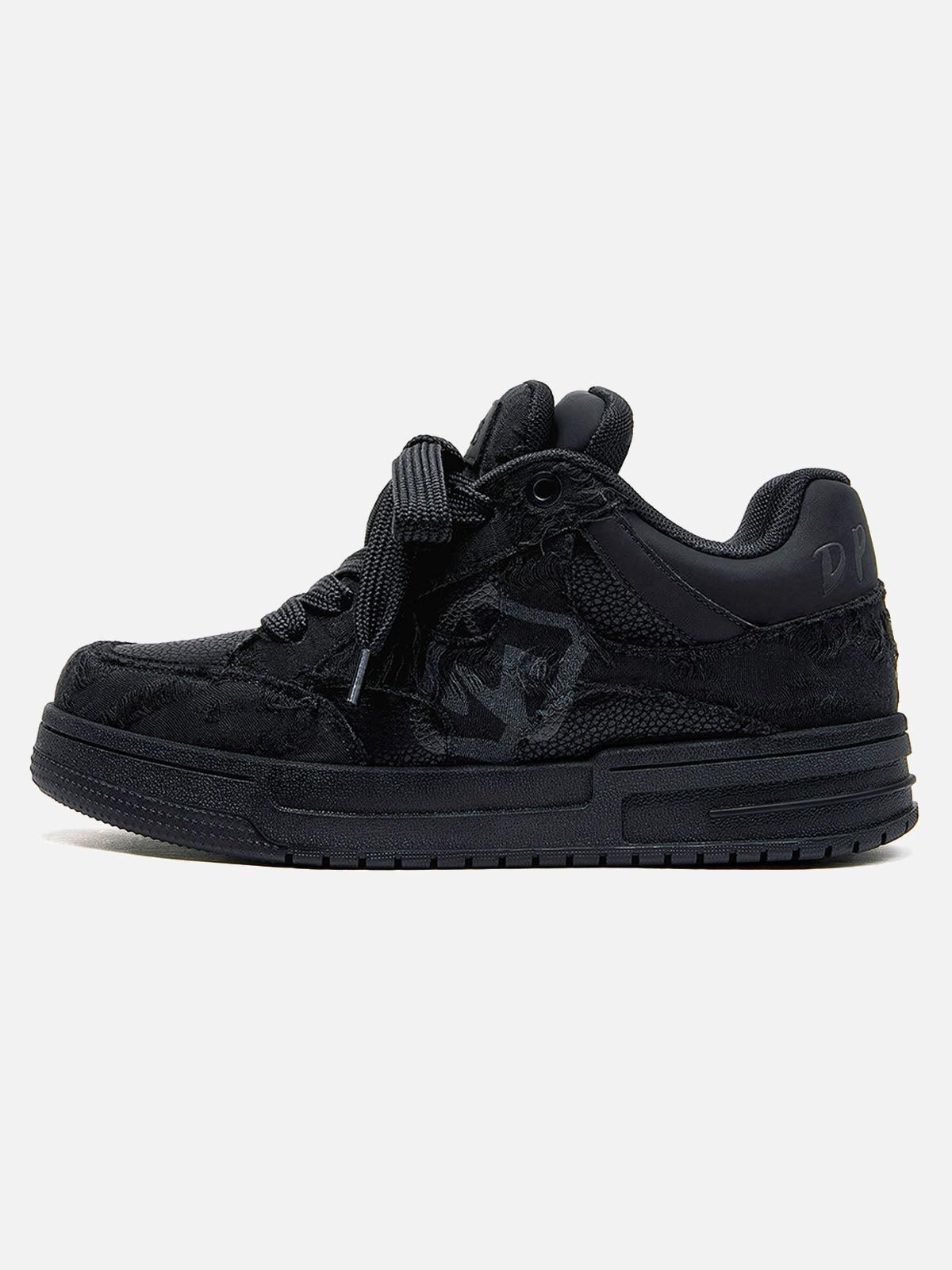 Black high-top skate trainers with lace-up front and tonal camouflage side detail