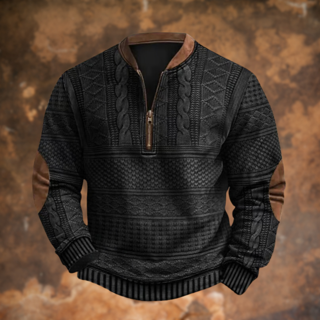 Men's patterned half-zip jumper with stand collar and ribbed cuffs