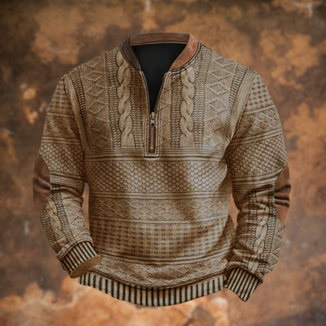 Men's patterned half-zip jumper with stand collar and ribbed cuffs