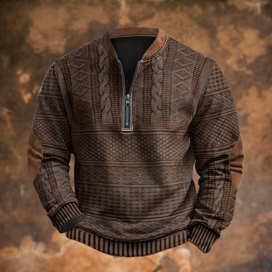 Men's patterned half-zip jumper with stand collar and ribbed cuffs
