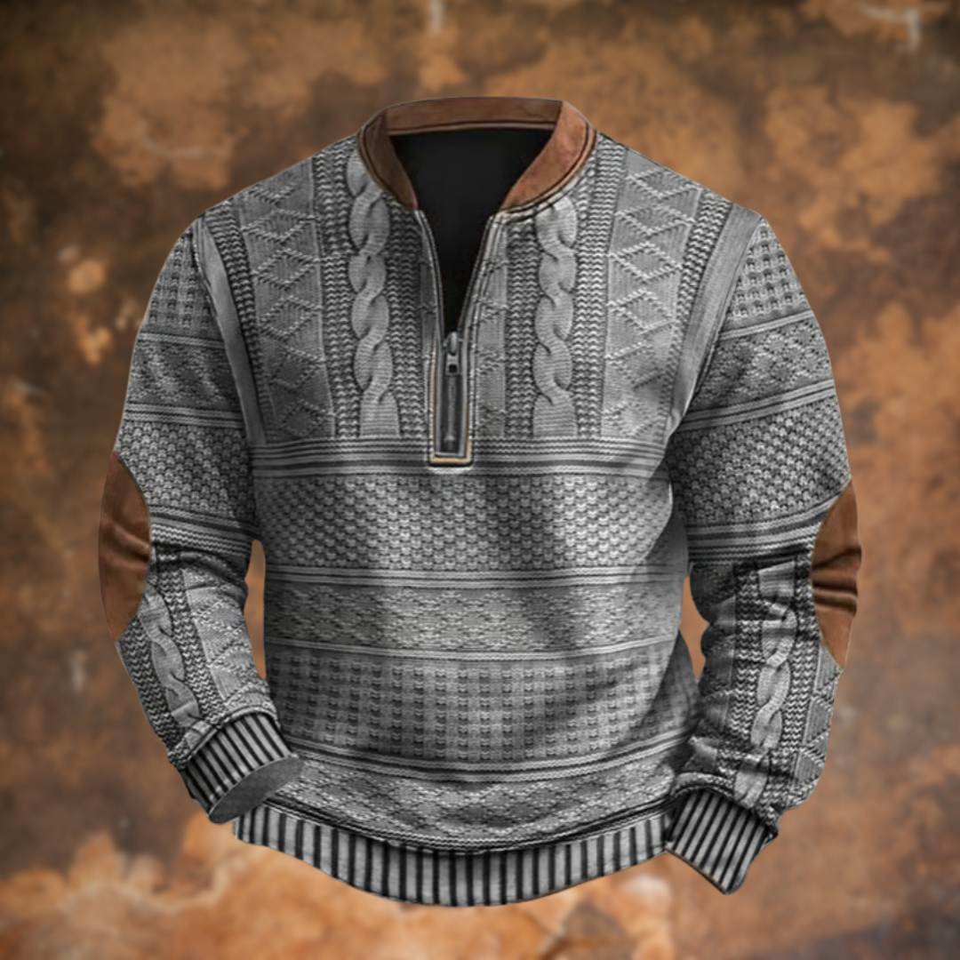 Men's patterned half-zip jumper with stand collar and ribbed cuffs