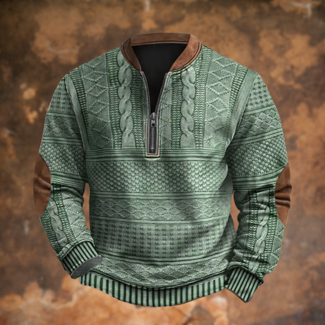 Men's patterned half-zip jumper with stand collar and ribbed cuffs