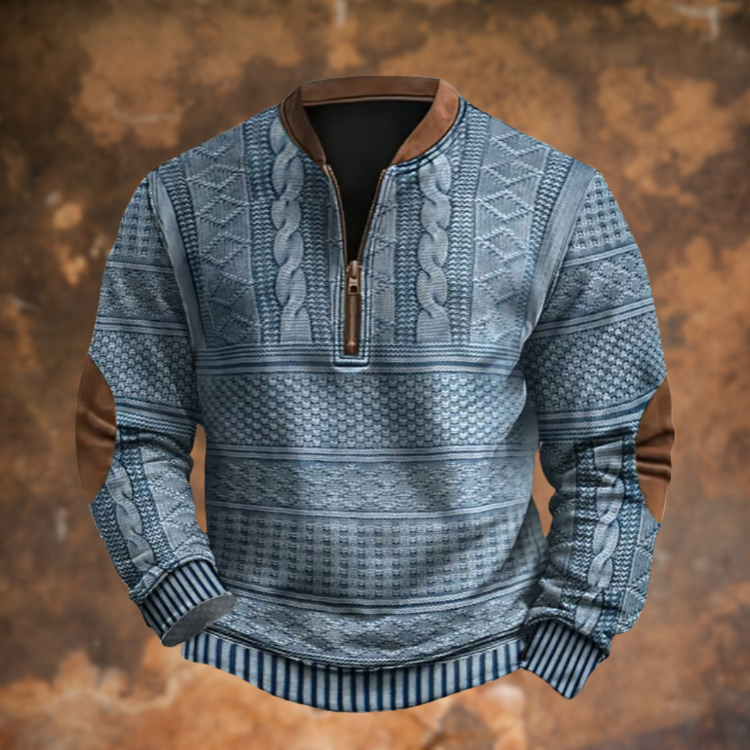 Men's patterned half-zip jumper with stand collar and ribbed cuffs