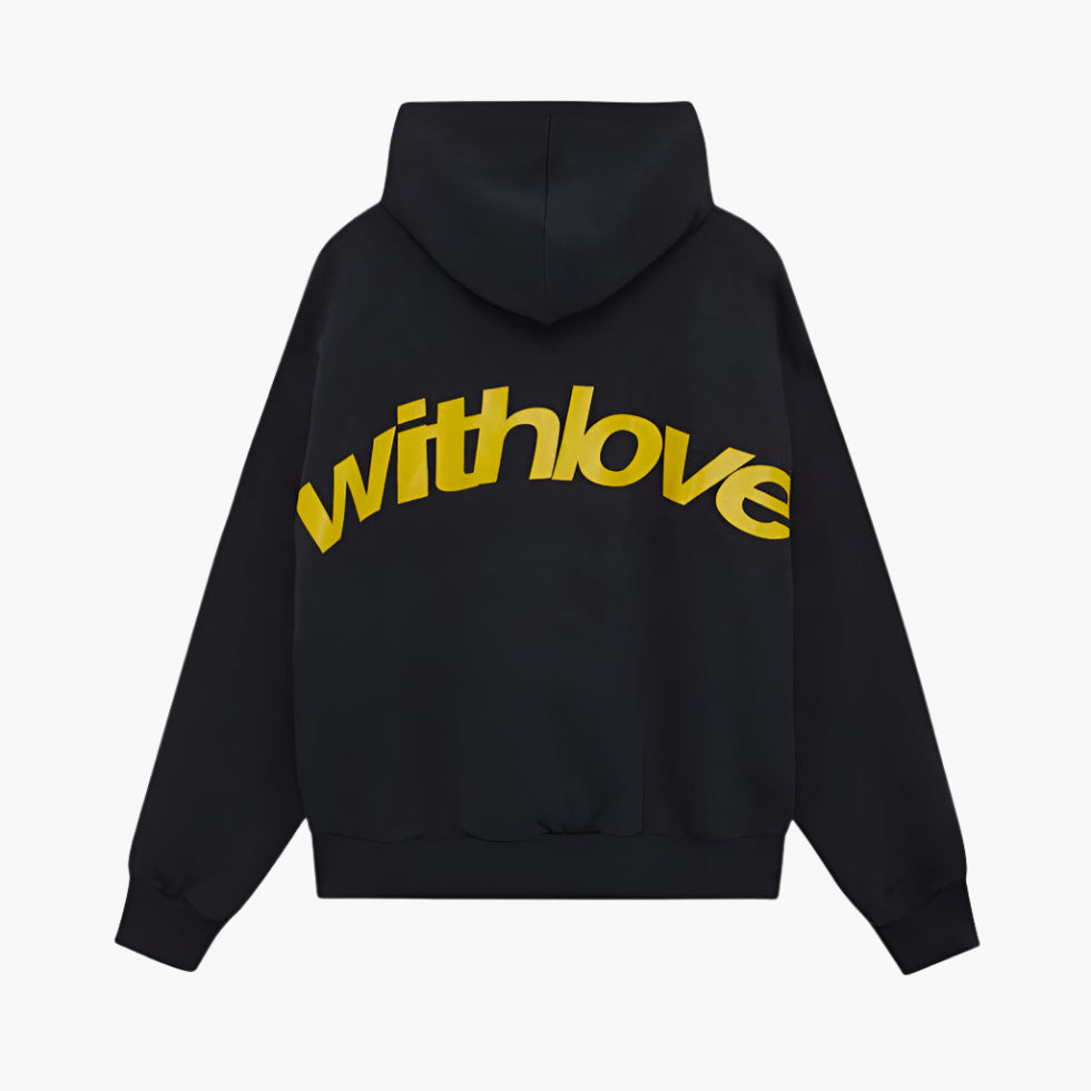 Unisex oversized hoodie with attached hood and contrasting graphic back print