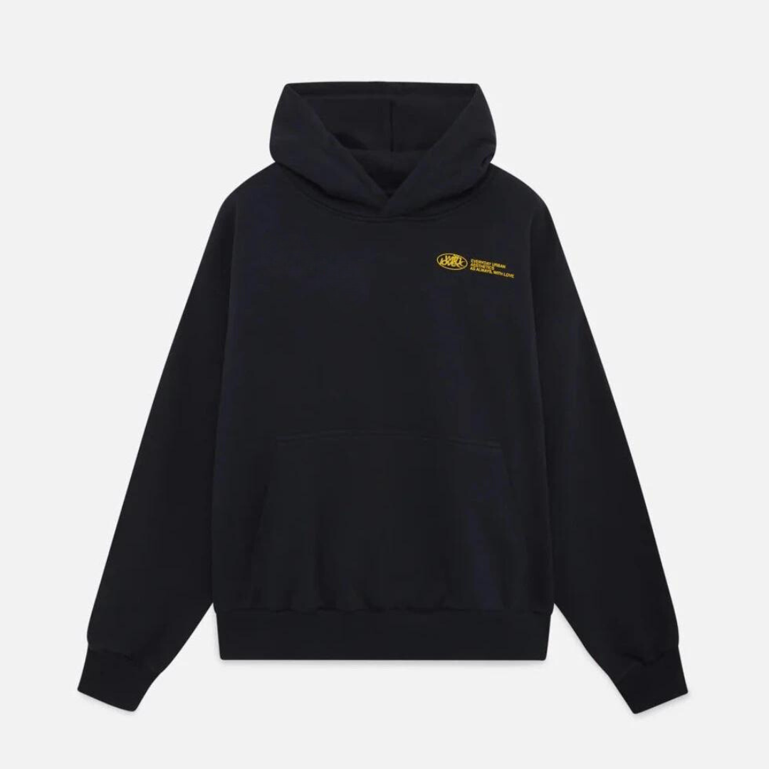 Unisex oversized hoodie with attached hood and contrasting graphic back print