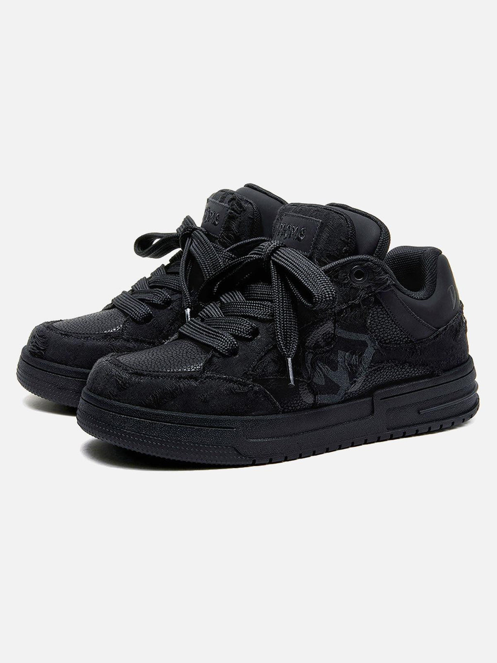 Black high-top skate trainers with lace-up front and tonal camouflage side detail