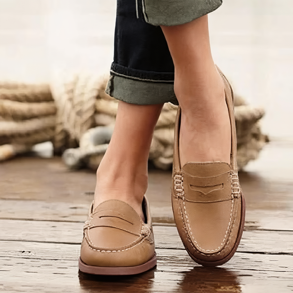 Women's moc toe loafers with rounded toes, contrast stitching and low heels