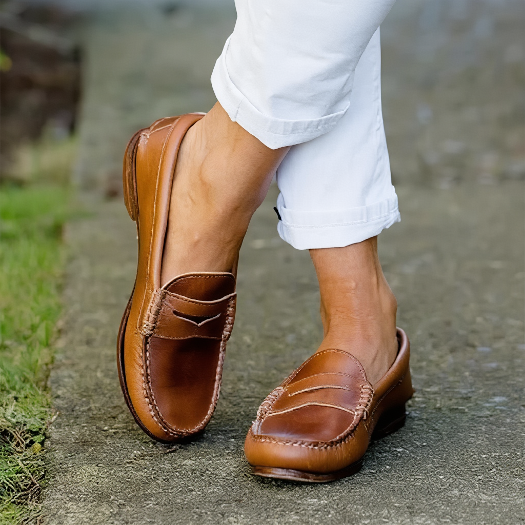 Women's moc toe loafers with rounded toes, contrast stitching and low heels
