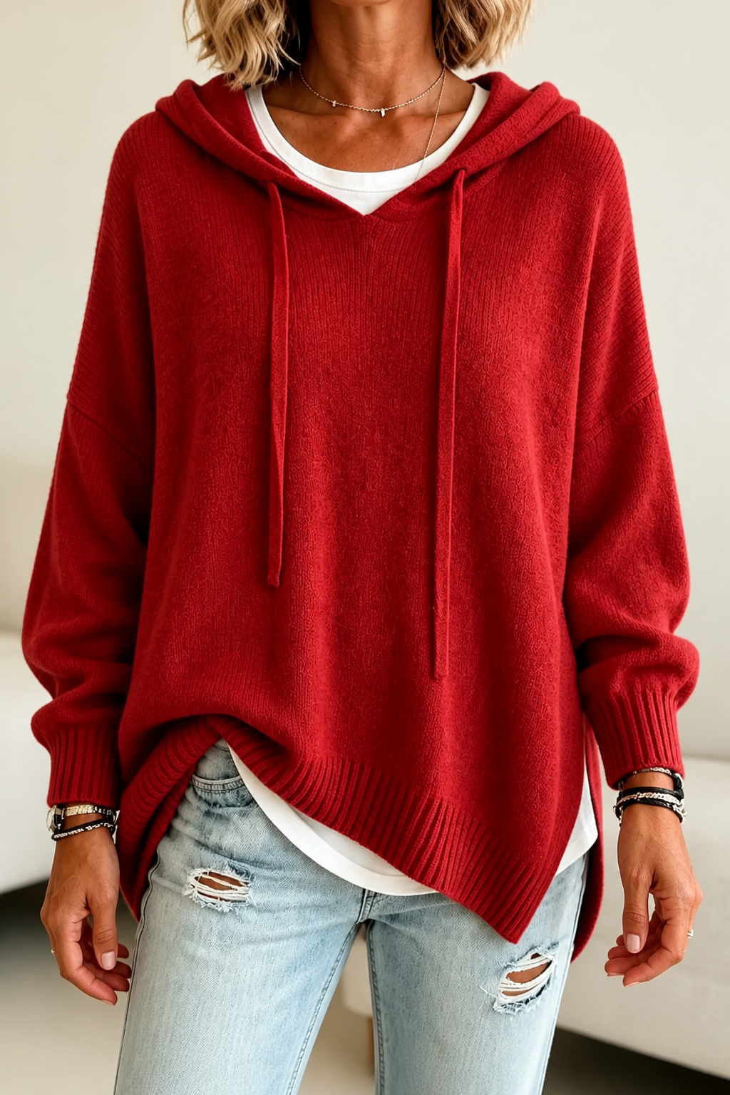 Women's oversized hooded knit sweater with drawstring ties and ribbed edges