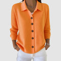 Women's collared ribbed knit cardigan with contrasting front buttons
