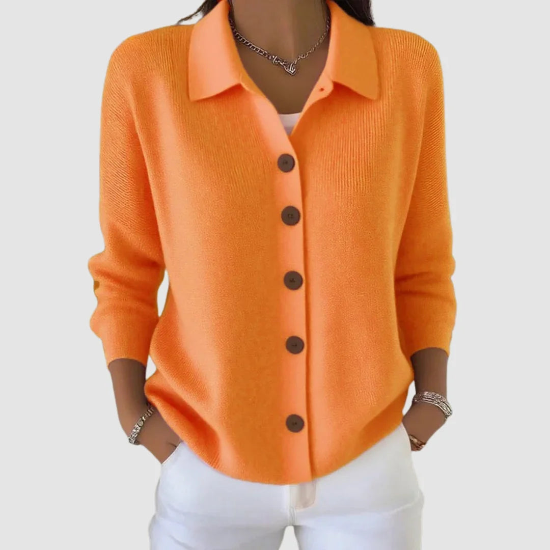 Women's collared ribbed knit cardigan with contrasting front buttons