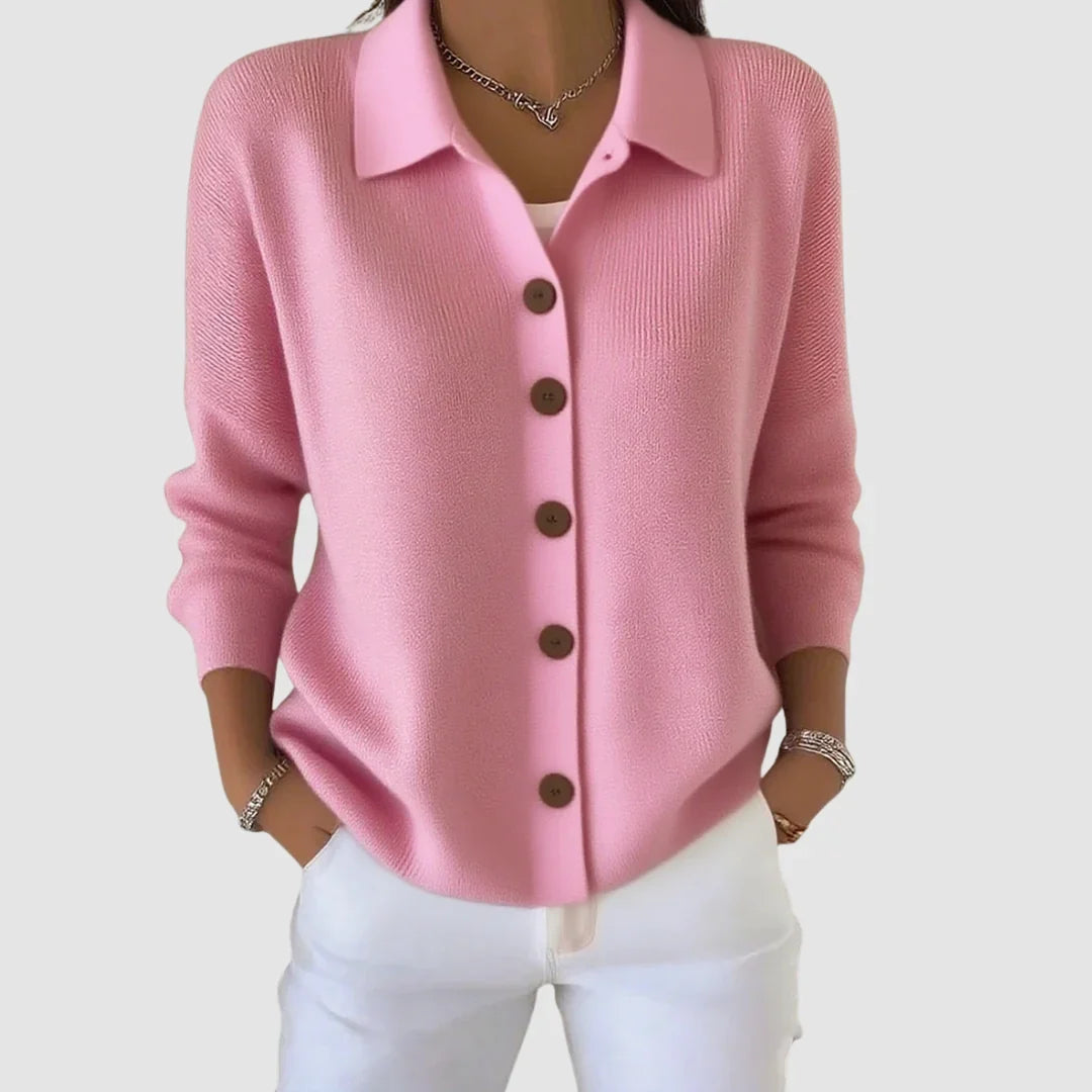 Women's collared ribbed knit cardigan with contrasting front buttons
