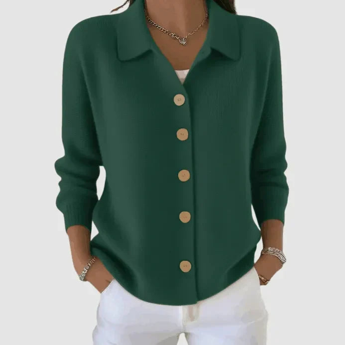 Women's collared ribbed knit cardigan with contrasting front buttons