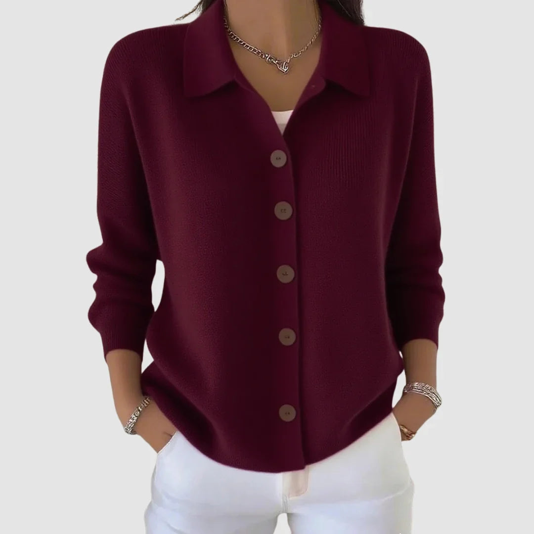 Women's collared ribbed knit cardigan with contrasting front buttons