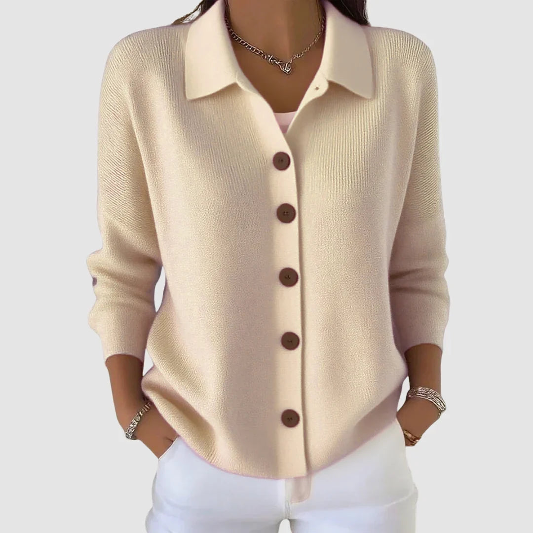 Women's collared ribbed knit cardigan with contrasting front buttons