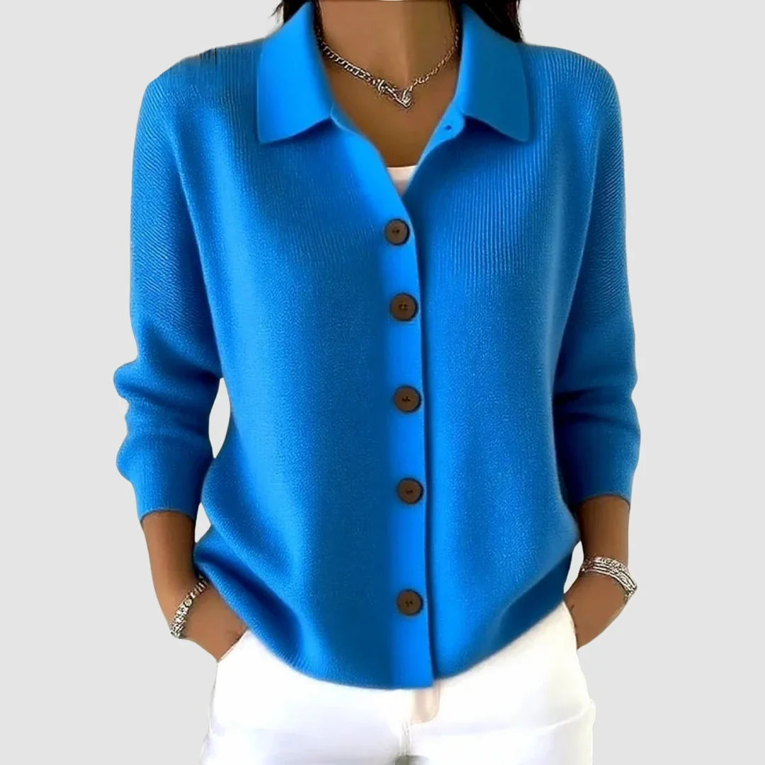 Women's collared ribbed knit cardigan with contrasting front buttons