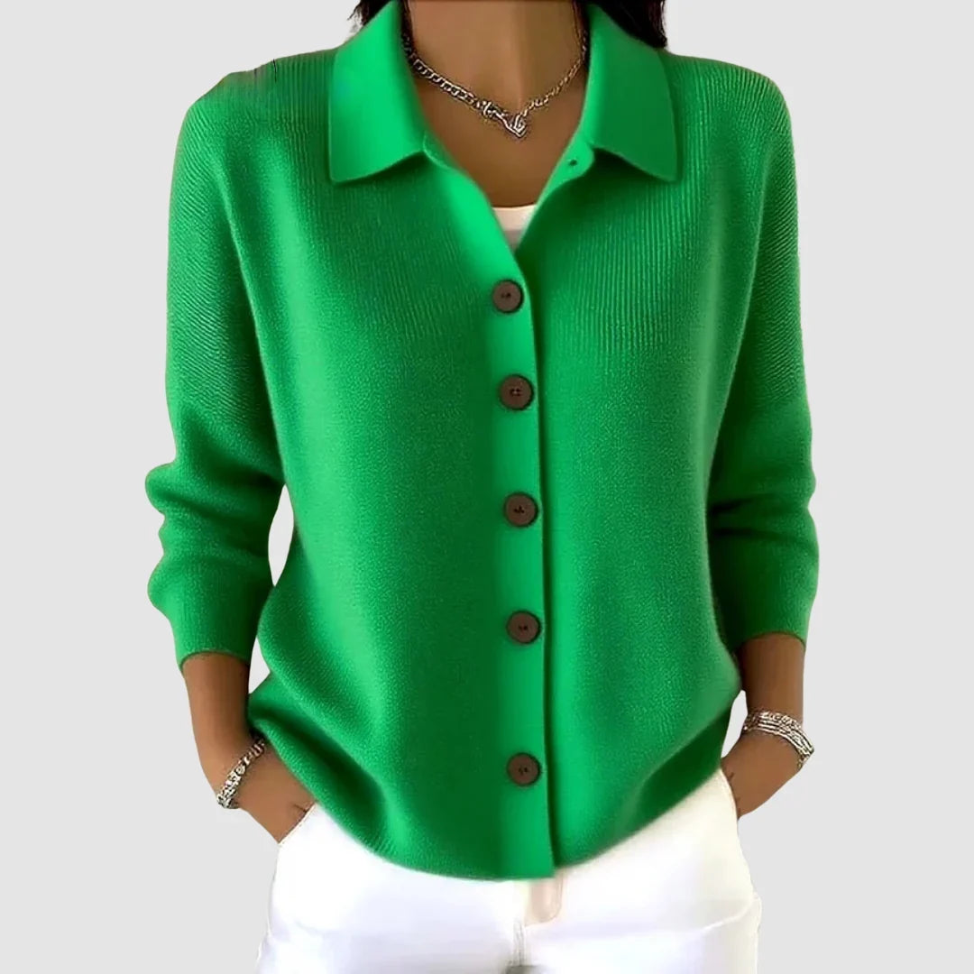 Women's collared ribbed knit cardigan with contrasting front buttons