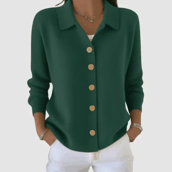 Women's collared ribbed knit cardigan with contrasting front buttons